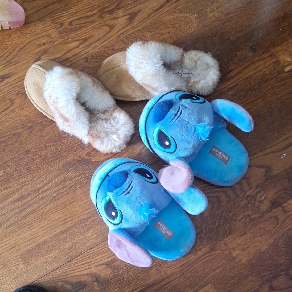 Blue Character Slippers and Tan Fuzzy Slippers